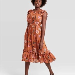 Universal Thread Rust and Pink Floral Midi Dress w/ pockets